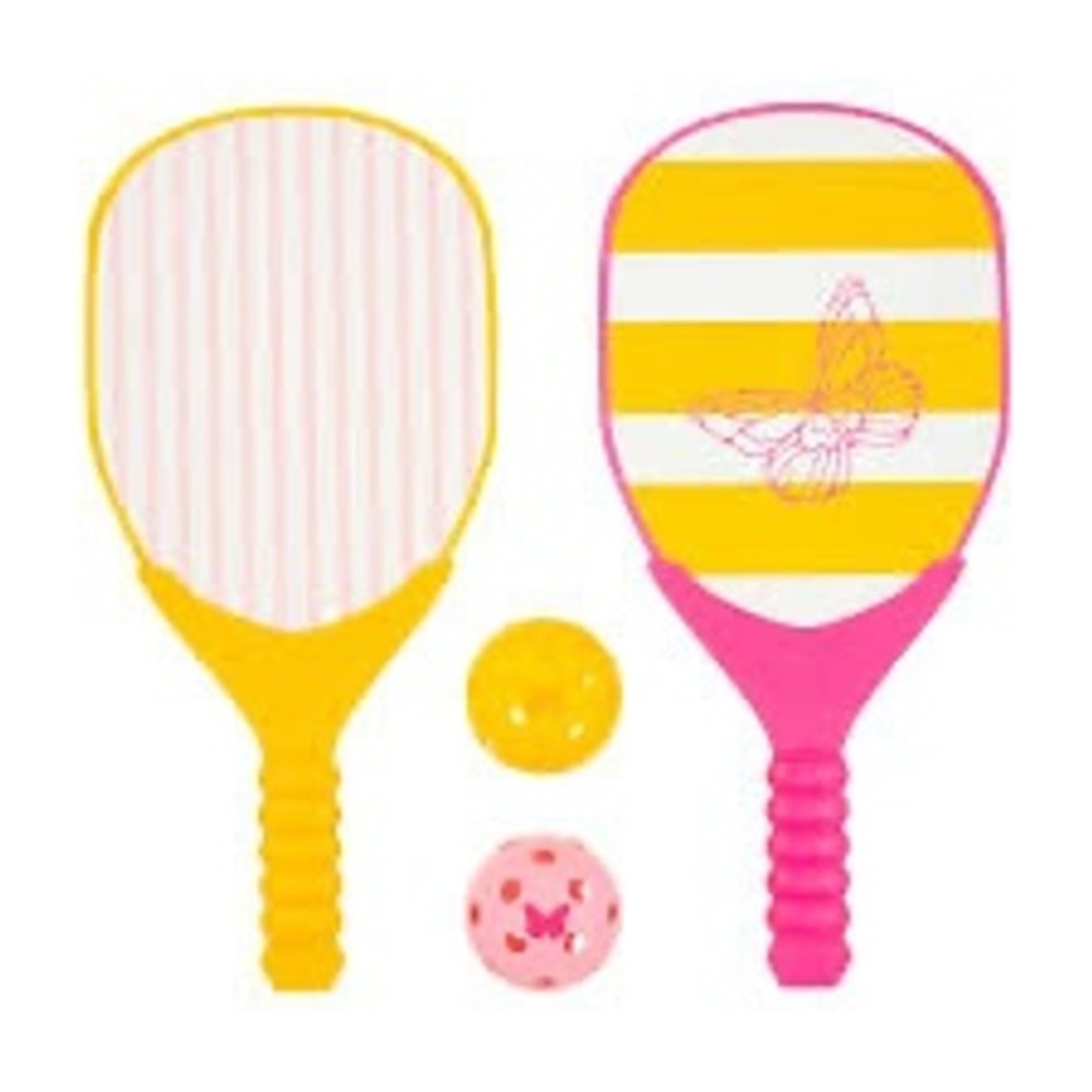 Dolly Parton Paddle Ball Set Pink Yellow Butterfly Stripe 4 Piece Outdoor NEW